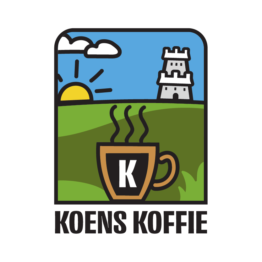 Logo Koens Koffie: kopje koffie in een groen landschap met toren